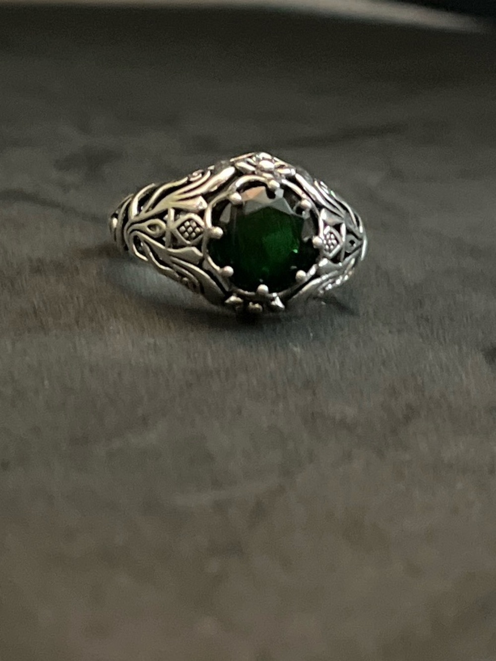Silver Filigree Ring with Green Gemstone